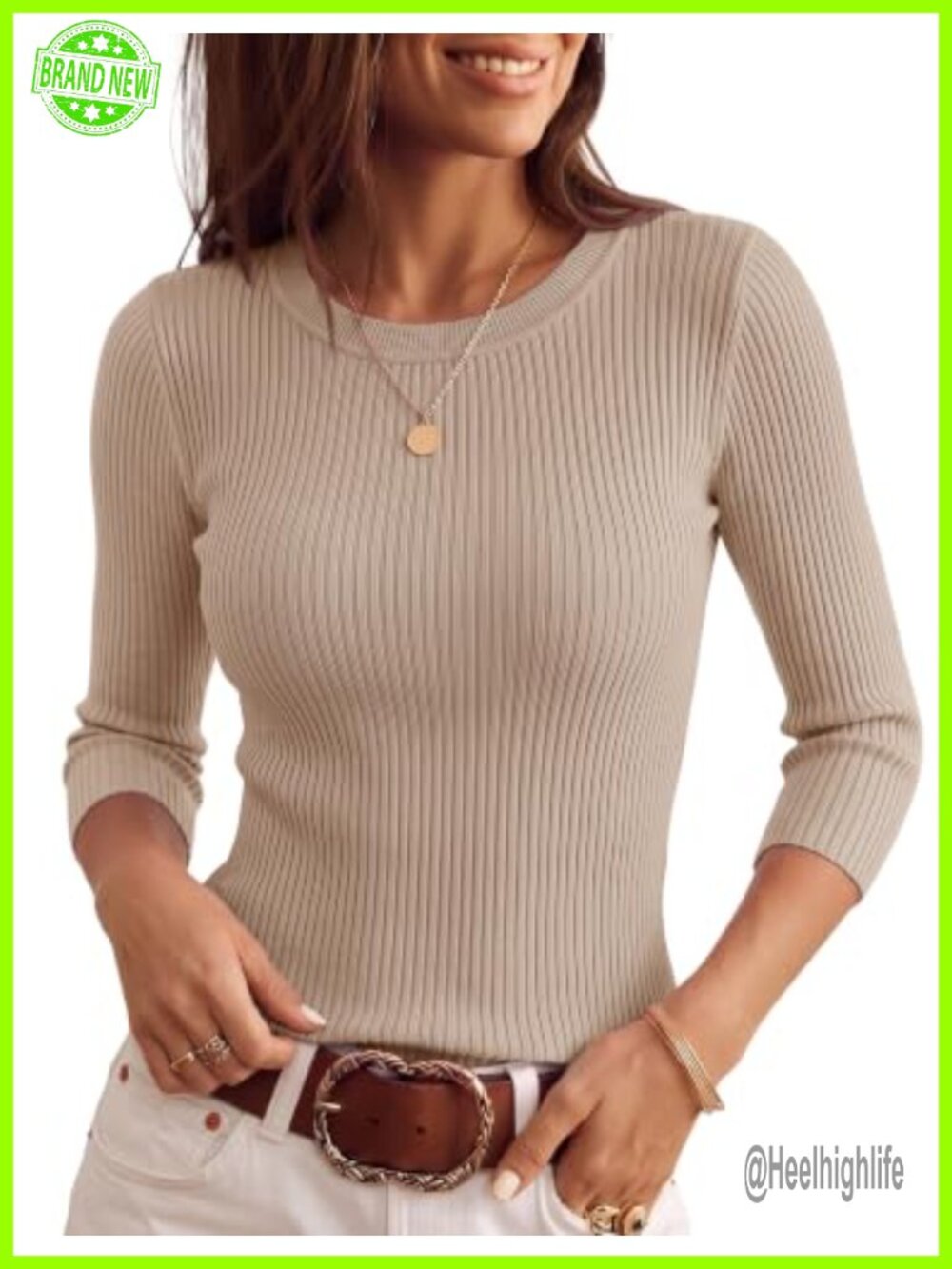 Womens Lightweight Knit Pullover Sweater 3/4 Sleeve Slim Fit Crewneck Top